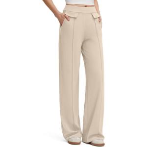 G4Free EverGoing Women’s Wide Leg Pants High Waisted Yoga Pants Dressy Casual Trousers with Pockets(Light Khaki)
