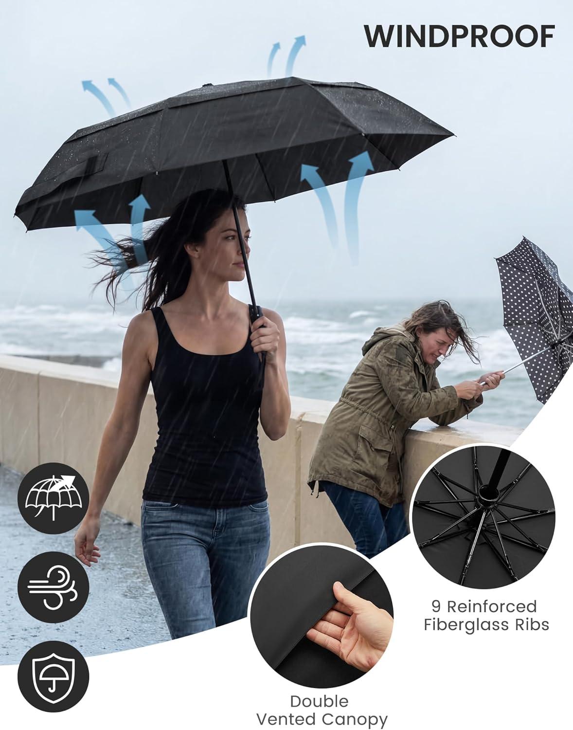 imageG4Free Strong Windproof Travel Umbrella 42 Inch Compact Umbrellas for Rain amp Sun with Double Canopy Automatic Portable DurableBlack