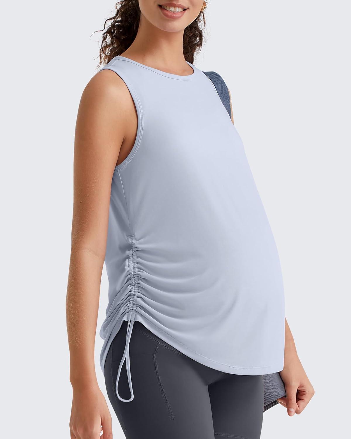 imageG4Free Lyocell Ruch Side Maternity Tank Top Crew Neck Sleeveless Loose Fit Pregnancy Yoga ShirtsLight Denim
