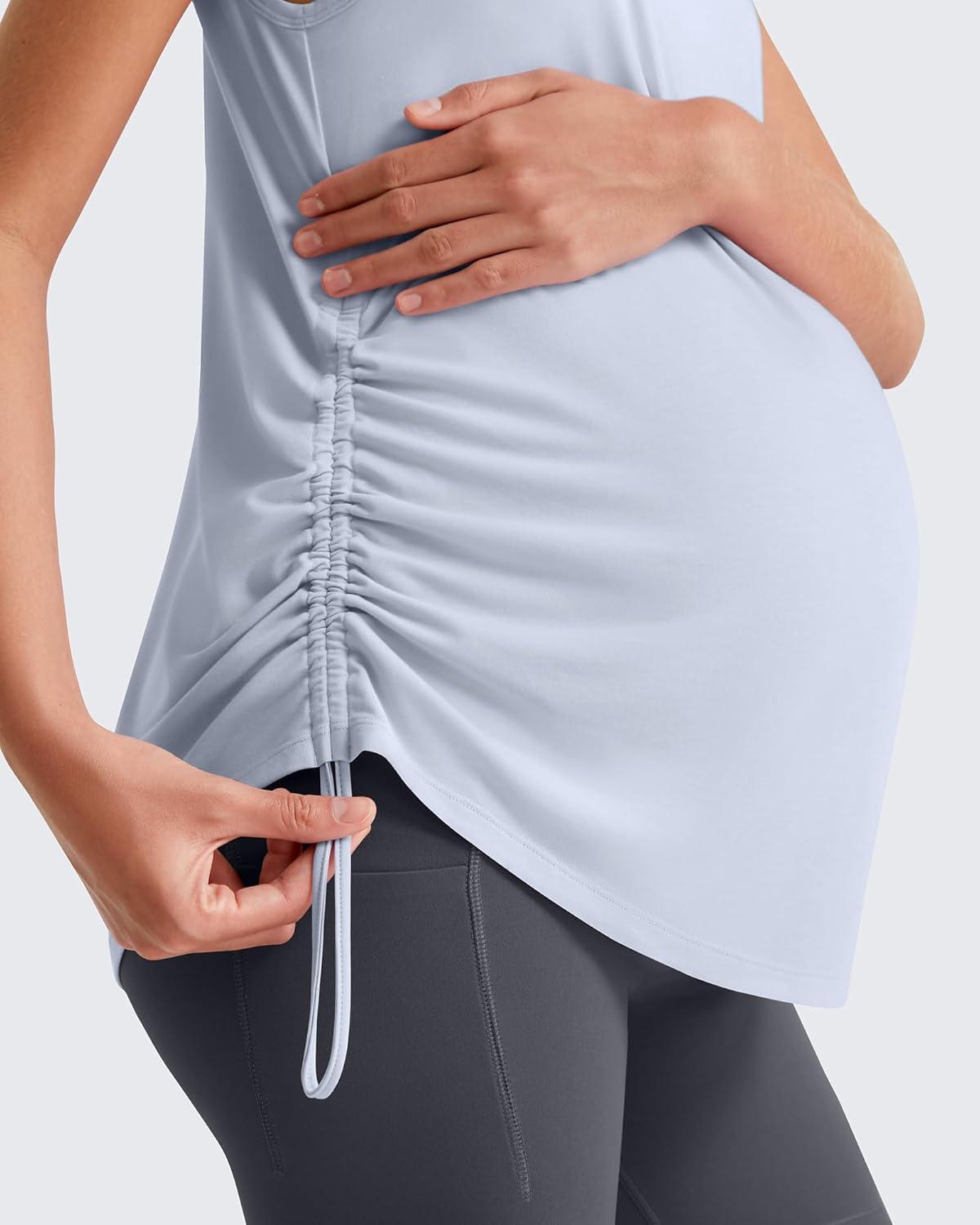 imageG4Free Lyocell Ruch Side Maternity Tank Top Crew Neck Sleeveless Loose Fit Pregnancy Yoga ShirtsLight Denim