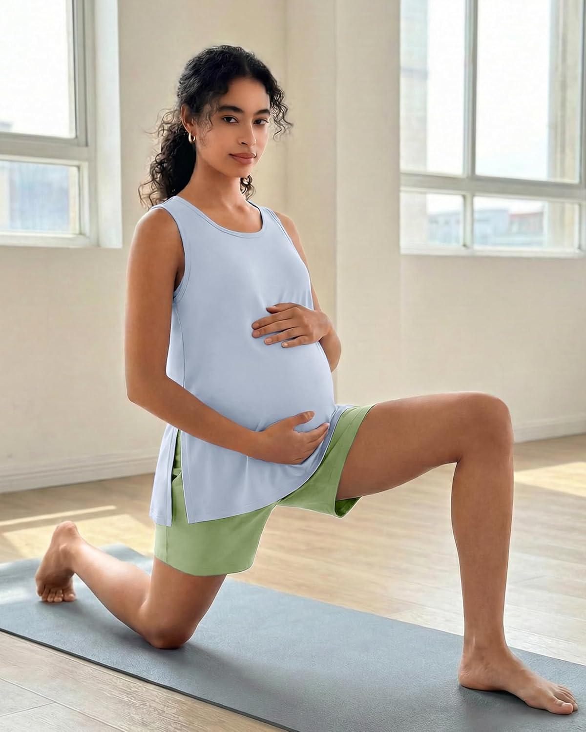 imageG4Free Lyocell Side Slits Maternity Tank Tops Crewneck Pregnancy Sleeveless Workout Shirts Loose FitLight Denim