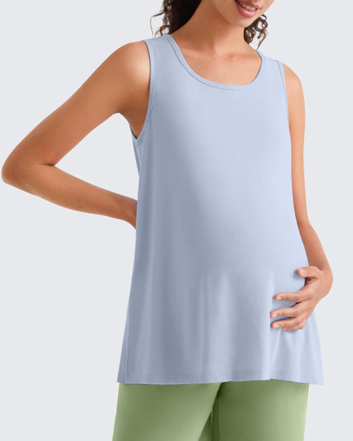 imageG4Free Lyocell Side Slits Maternity Tank Tops Crewneck Pregnancy Sleeveless Workout Shirts Loose FitLight Denim