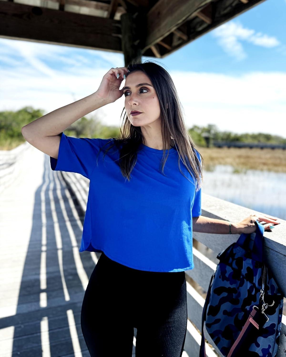 imageG4Free Short Sleeve Crop Workout Tops for Women Loose Fit Cotton Basic TShirtsBlue