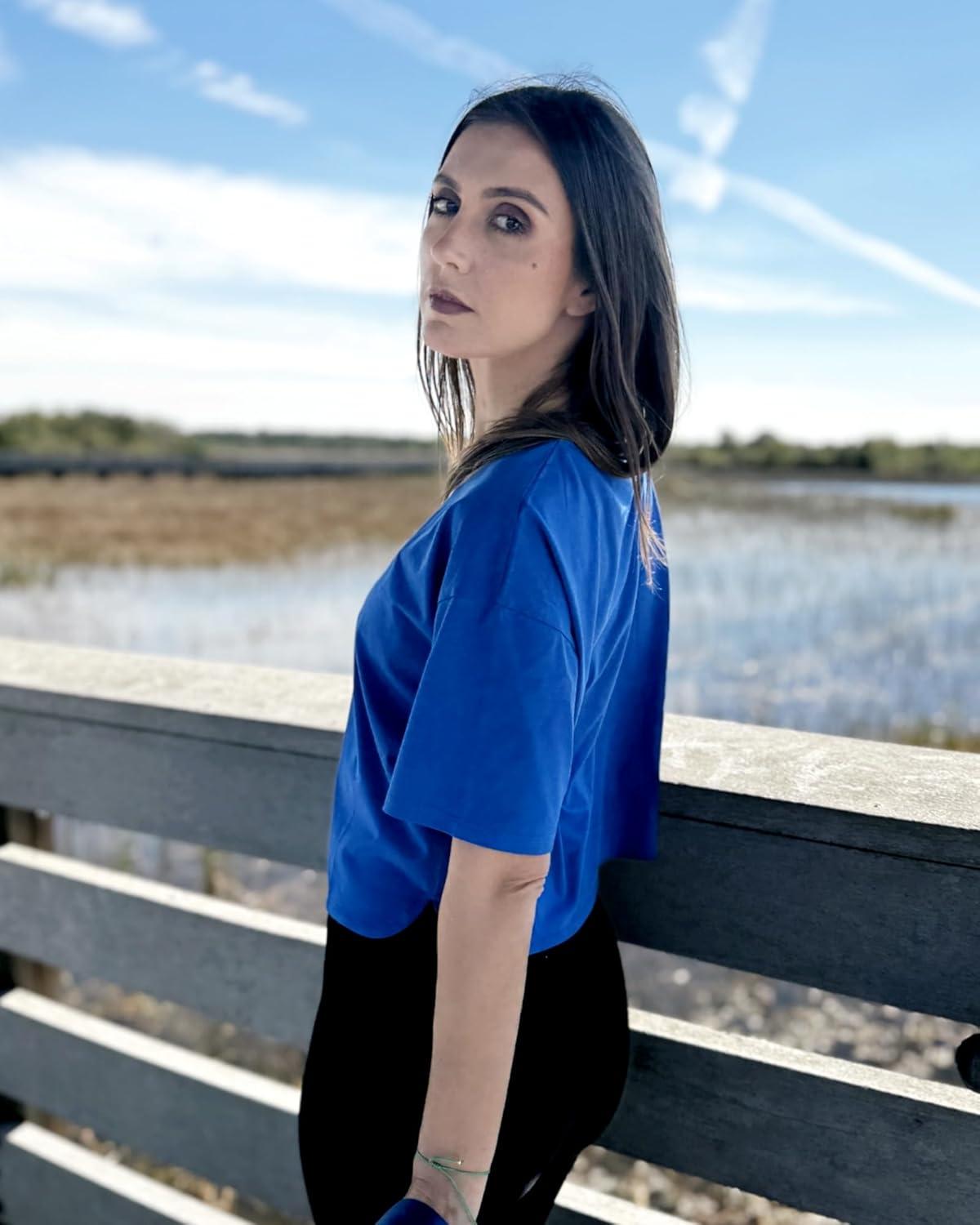 imageG4Free Short Sleeve Crop Workout Tops for Women Loose Fit Cotton Basic TShirtsBlue