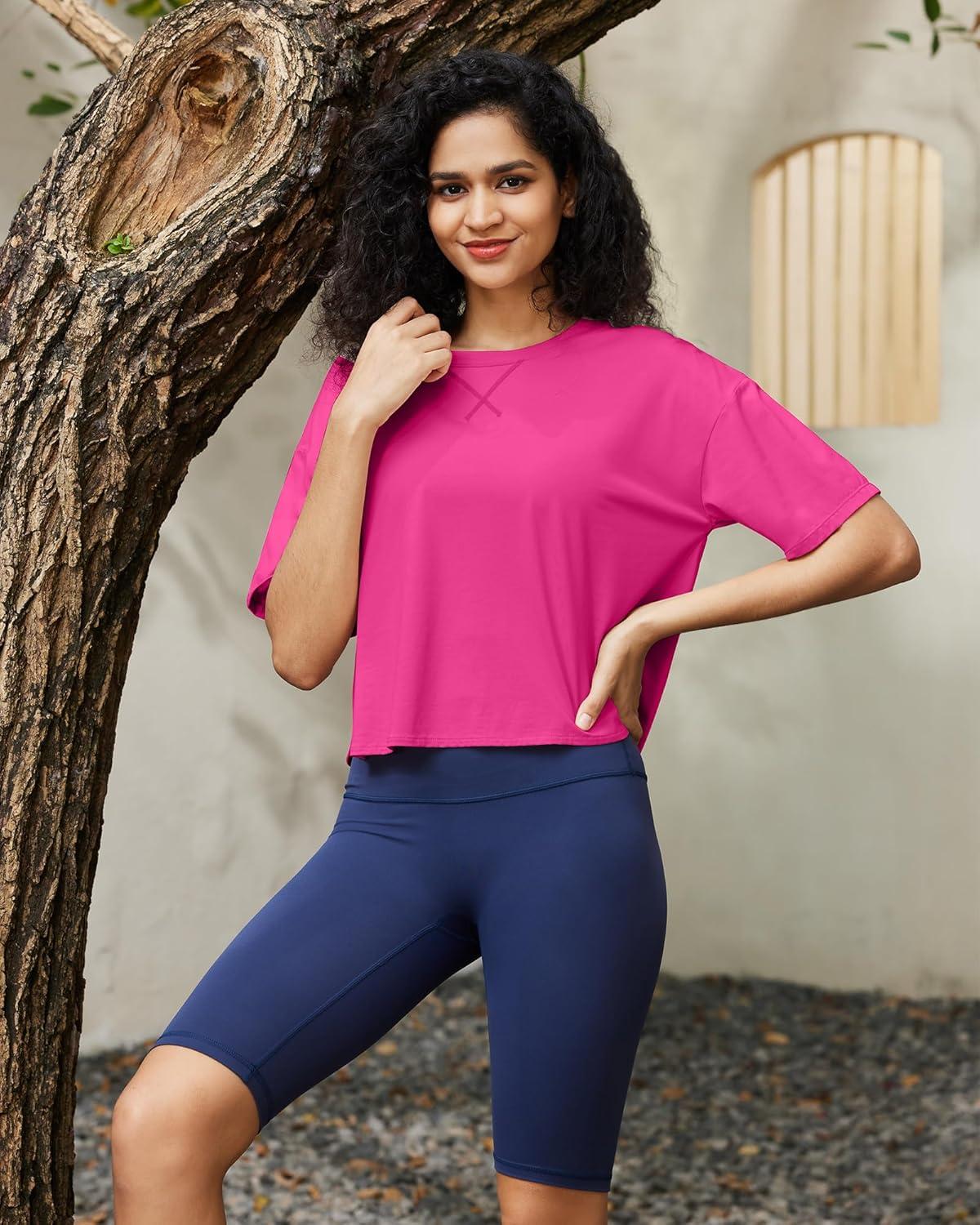 imageG4Free Short Sleeve Crop Workout Tops for Women Loose Fit Cotton Basic TShirtsHot Pink