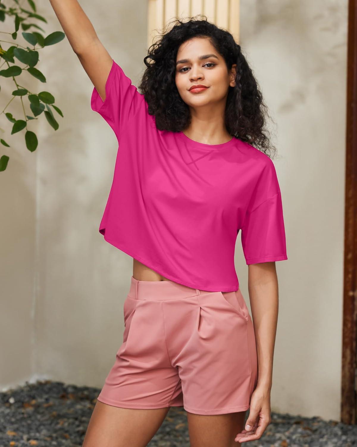imageG4Free Short Sleeve Crop Workout Tops for Women Loose Fit Cotton Basic TShirtsHot Pink