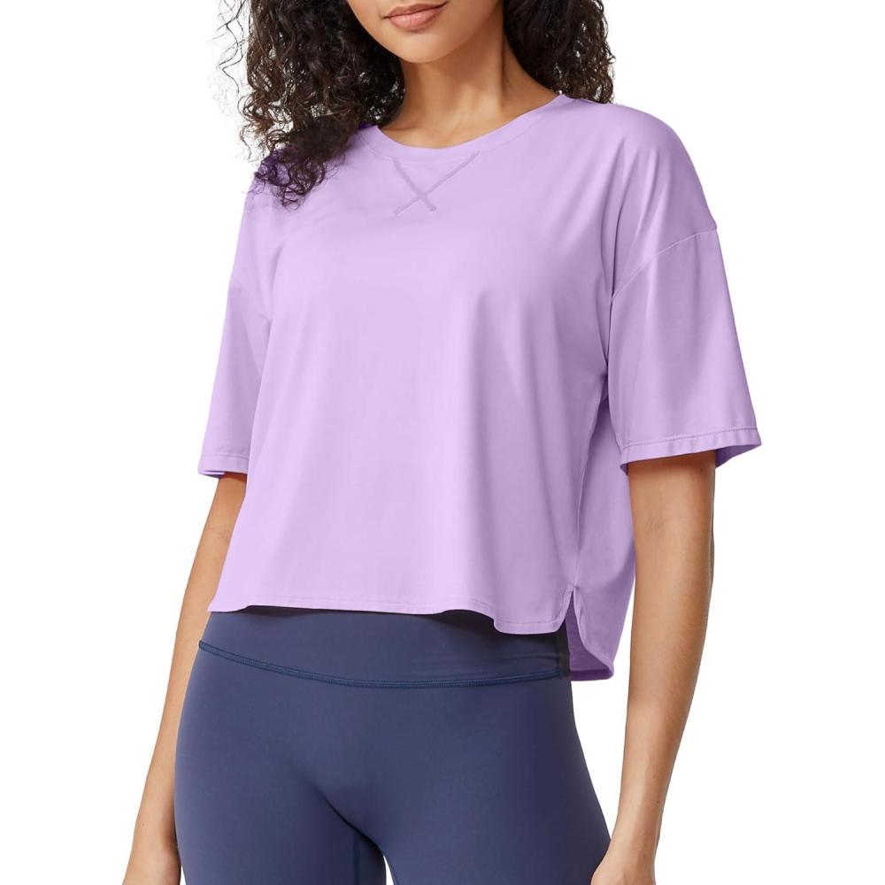 imageG4Free Short Sleeve Crop Workout Tops for Women Loose Fit Cotton Basic TShirtsLight Purple