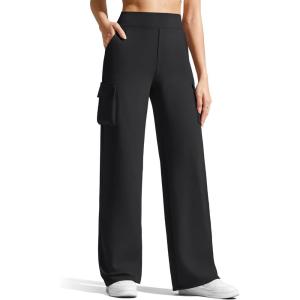 G4Free EverGoing Wide Leg Cargo Pants Women with 4 Pockets High Waisted Yoga Pants Stretch Casual Trousers(Black)