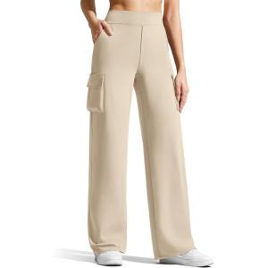 G4Free EverGoing Wide Leg Cargo Pants Women with 4 Pockets High Waisted Yoga Pants Stretch Casual Trousers(Light Khaki)