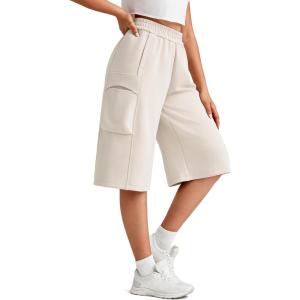G4Free Smoofit Modal Soft Capri Yoga Pants for Women 13″ Knee Length Wide Leg Cargo Sweatpants Travel Casual Bermuda Shorts(Ivory)