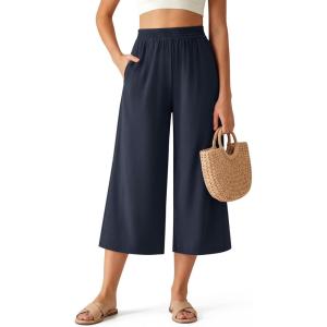 G4Free Chillwhisp Flowy Capri Pants for Women Lightweight Wide Leg Cropped Pants Elastic Waist Palazzo Capris for Beach(Dark Navy)