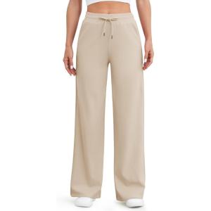 G4Free EverGoing Women’s Wide Leg Pants High Waisted Yoga Pants with Pockets Casual Drawstring Sweatpants(Light Khaki)