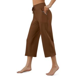 G4Free Wide Leg Capris Yoga Pants for Women with Pockets Summer High Waist Dress Pants for Workout Casual Pants 21″(Dark Coffee)
