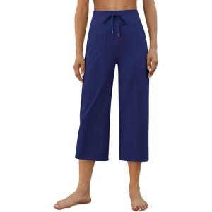 G4Free Wide Leg Capris Yoga Pants for Women with Pockets Summer High Waist Dress Pants for Workout Casual Pants 21″(Royal Blue)