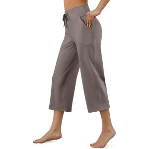 G4Free Wide Leg Capris Yoga Pants for Women with Pockets Summer High Waist Dress Pants for Workout Casual Pants 21″(Taupe)
