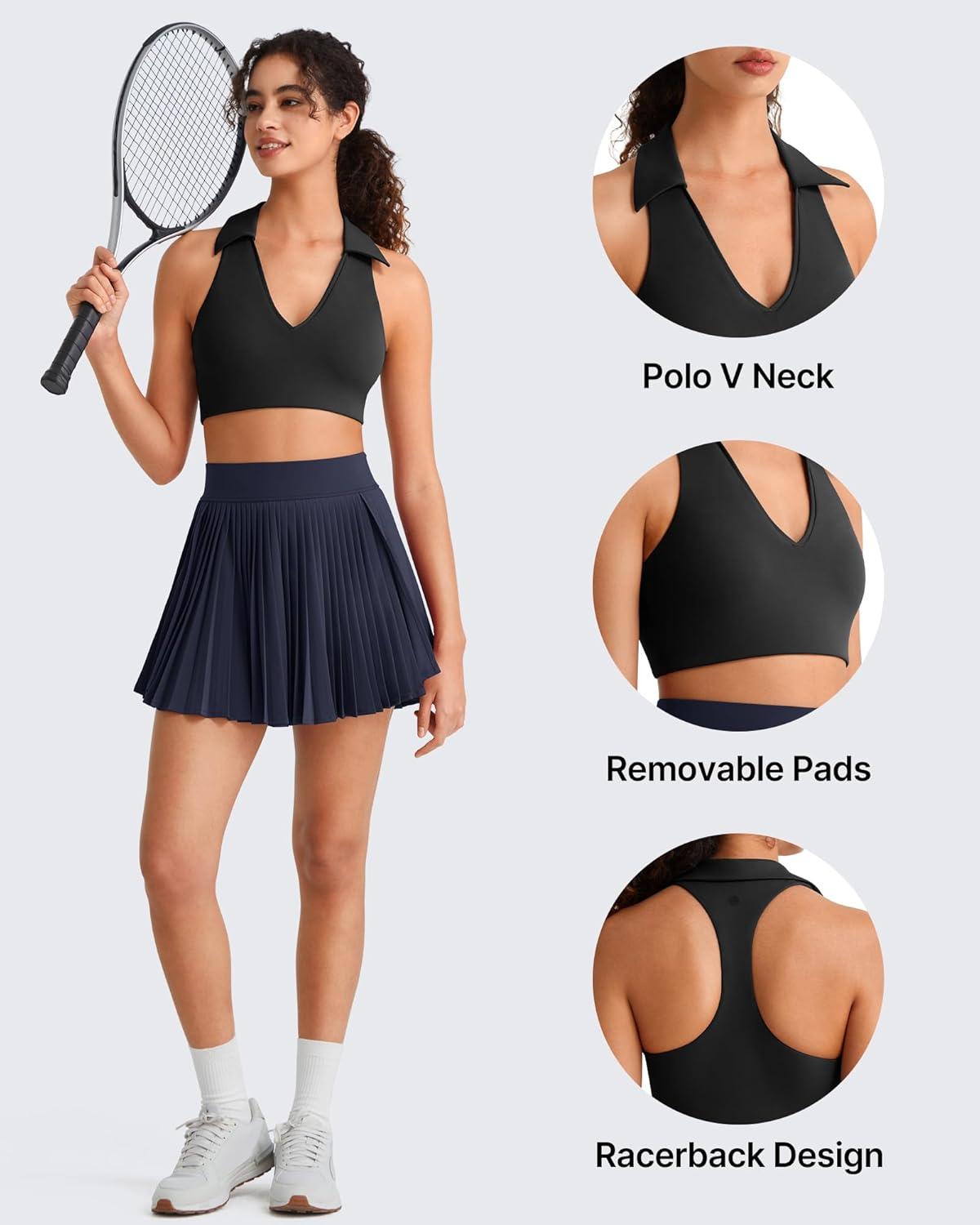 imageG4Free BareFeel V Neck Sports Bra for Women Padded Collared Racerback Tennis Workout Tank TopsBlack
