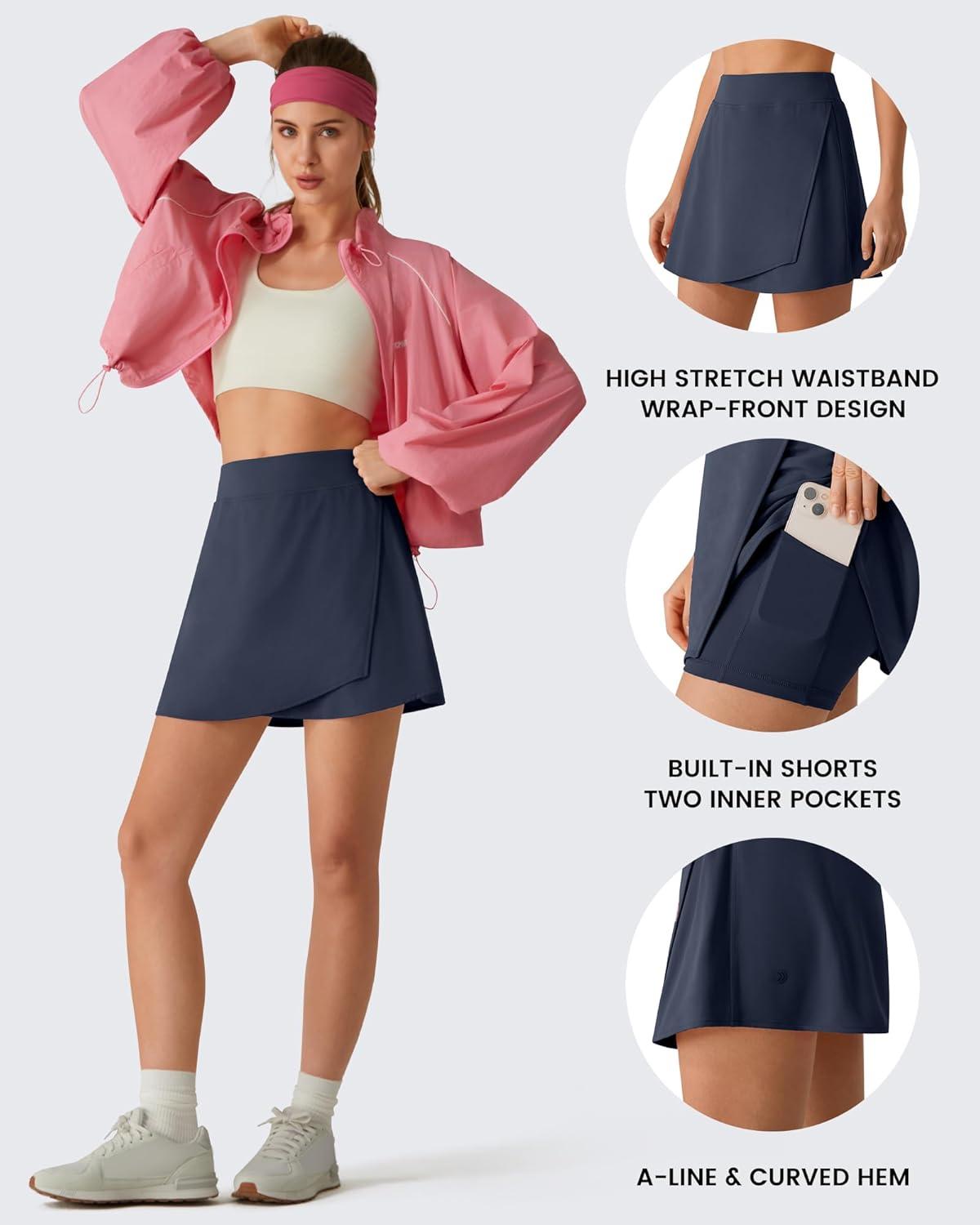 imageG4Free BareFeel Wrap Tennis Skirts for Women 15 High Stretch A Line Golf Skort Casual Summer Builtin Shorts with PocketsDark Navy