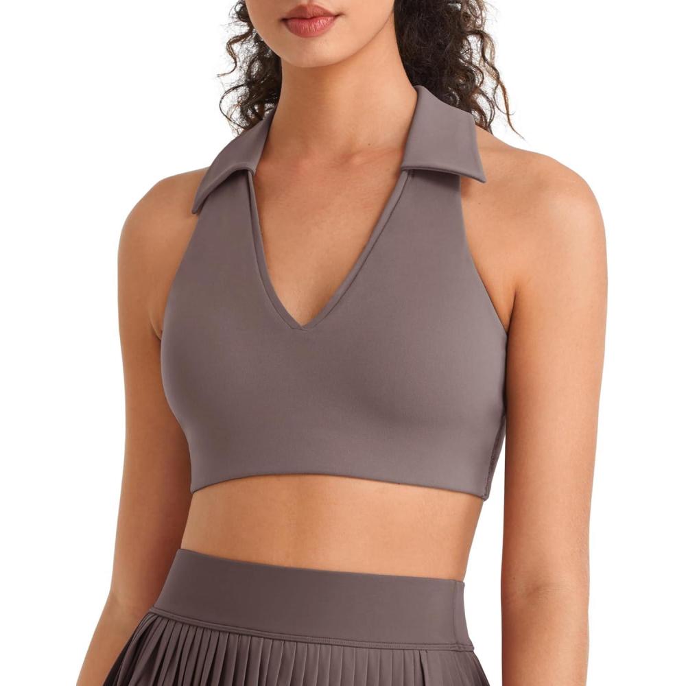 imageG4Free BareFeel V Neck Sports Bra for Women Padded Collared Racerback Tennis Workout Tank TopsTaupe
