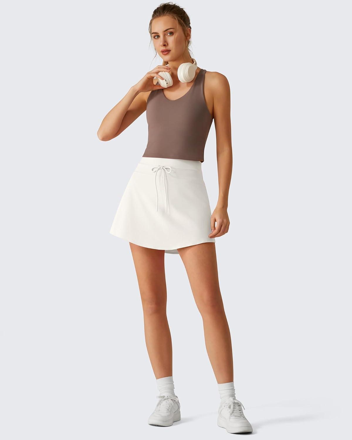 imageG4Free Drawstring Golf Skirts for Women 15 Athletic Curved Hem Tennis Skort Casual Skorts Inner Shorts with Ball PocketWhite