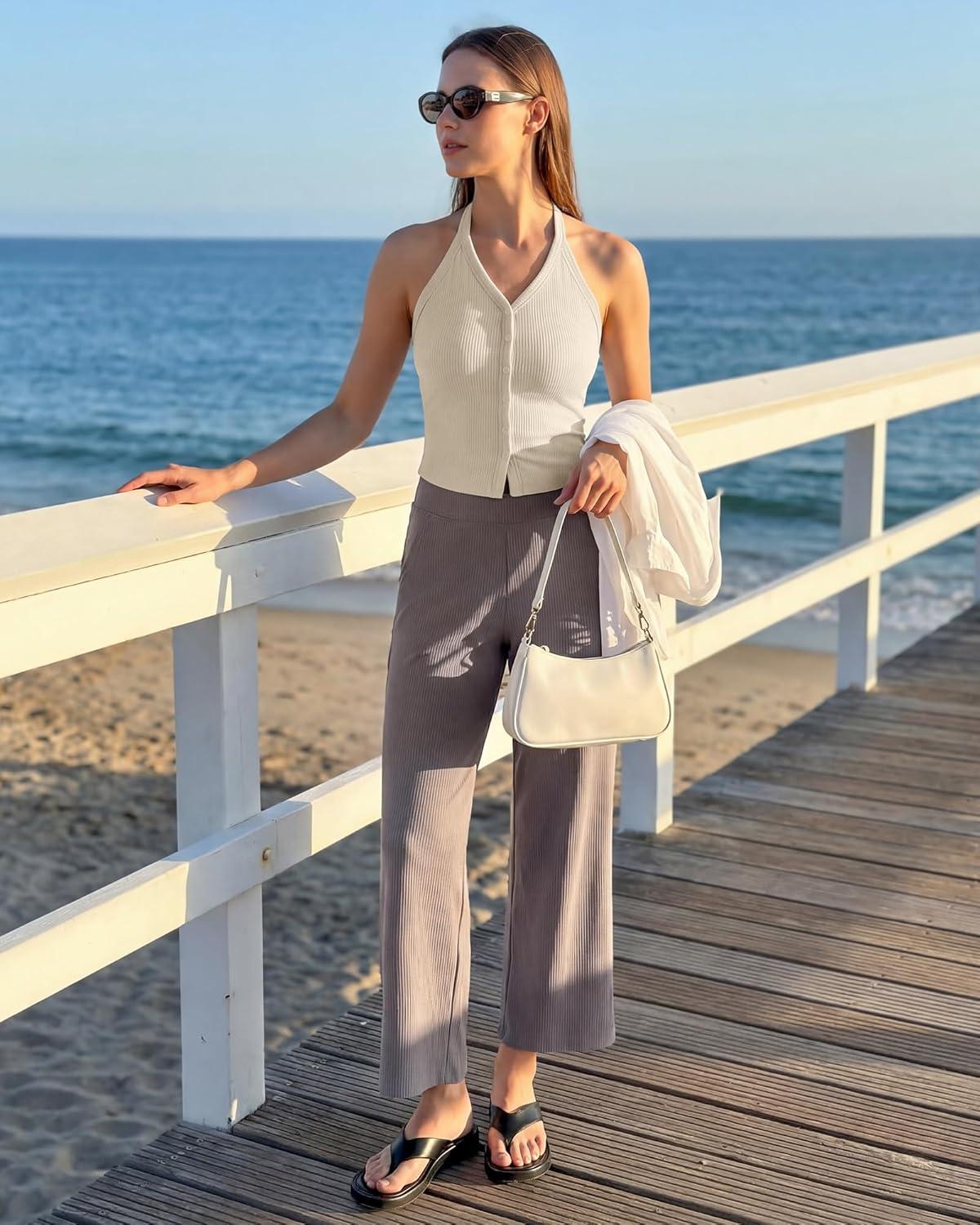imageG4Free Ribbed Halter Crop Tank Tops Going Out Camisoles Backless Button Slim Fit Cropped Cami TopLight Khaki