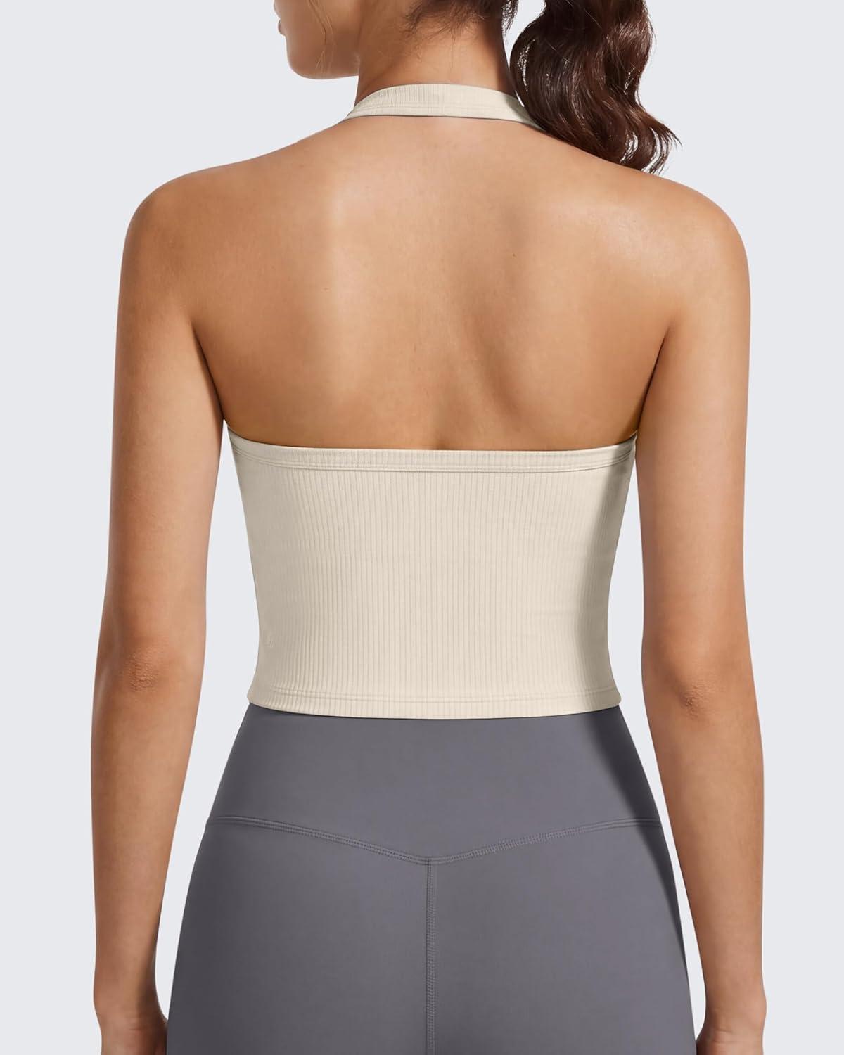 imageG4Free Ribbed Halter Crop Tank Tops Going Out Camisoles Backless Button Slim Fit Cropped Cami TopLight Khaki