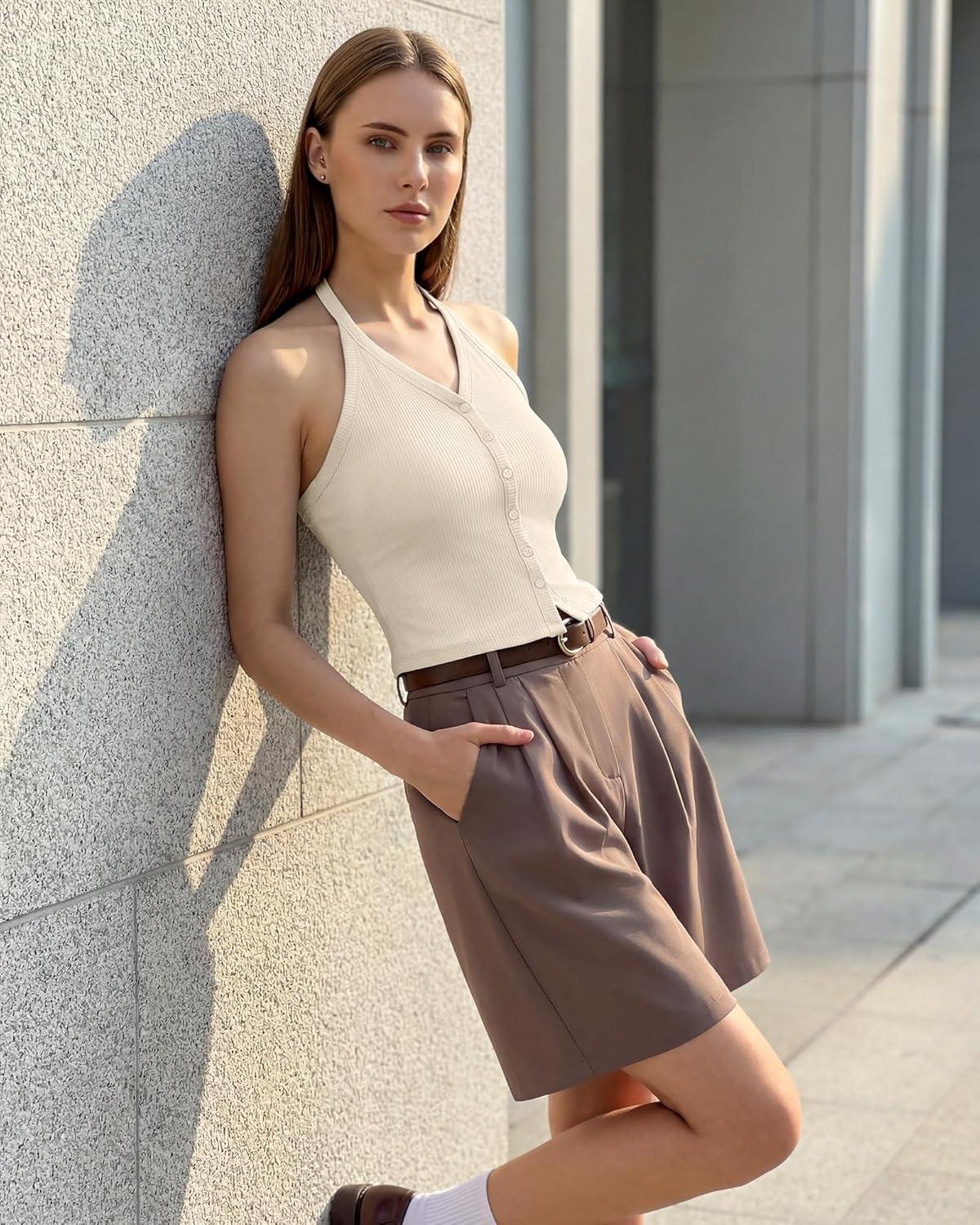 imageG4Free Ribbed Halter Crop Tank Tops Going Out Camisoles Backless Button Slim Fit Cropped Cami TopLight Khaki