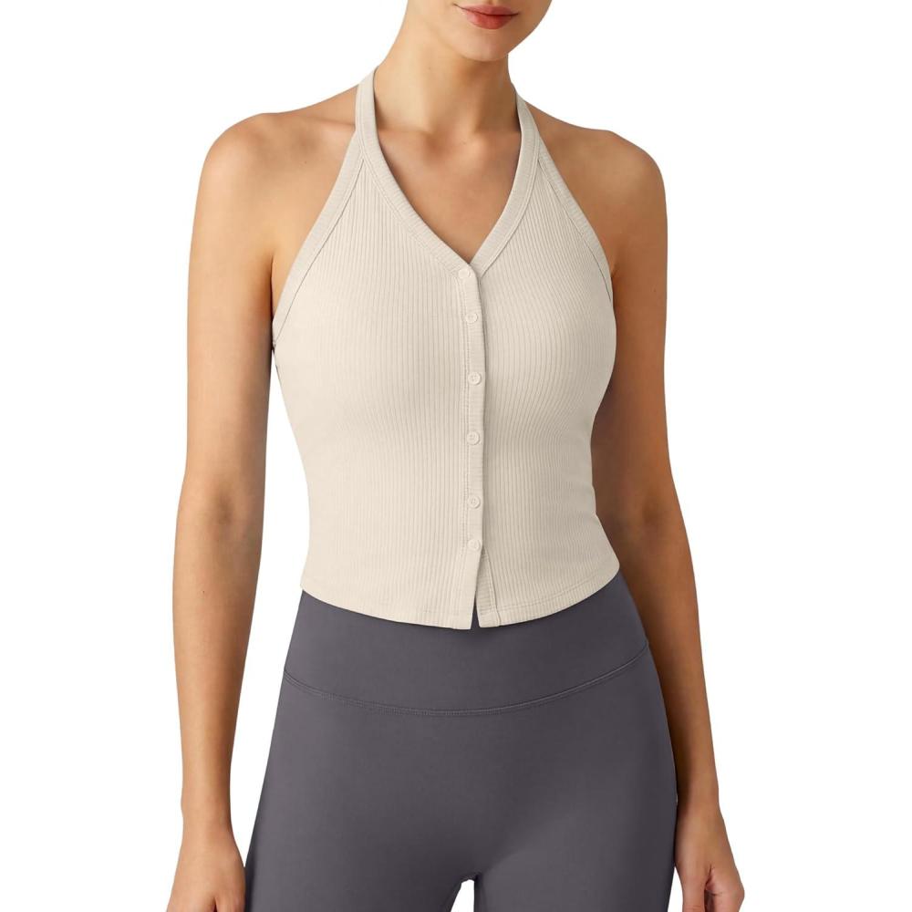 imageG4Free Ribbed Halter Crop Tank Tops Going Out Camisoles Backless Button Slim Fit Cropped Cami TopLight Khaki
