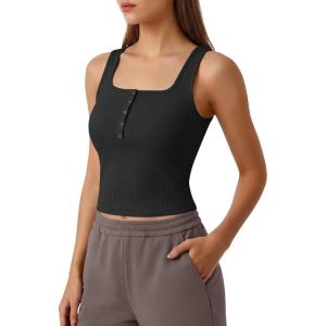 G4Free Ribbed Henley Button Tank Top Cropped Yoga Going Out Tanks Square Neck Sleeveless Crop Tops(Black)
