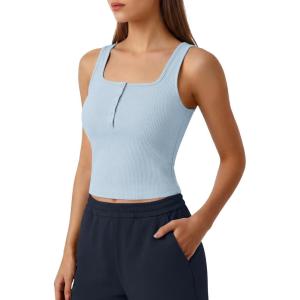 G4Free Ribbed Henley Button Tank Top Cropped Yoga Going Out Tanks Square Neck Sleeveless Crop Tops(Blue Willow)