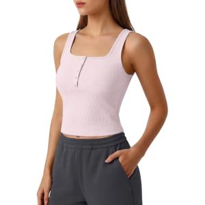 G4Free Ribbed Henley Button Tank Top Cropped Yoga Going Out Tanks Square Neck Sleeveless Crop Tops(Blush)