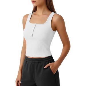 G4Free Ribbed Henley Button Tank Top Cropped Yoga Going Out Tanks Square Neck Sleeveless Crop Tops(Pure White)
