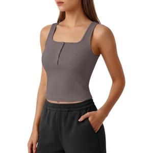 G4Free Ribbed Henley Button Tank Top Cropped Yoga Going Out Tanks Square Neck Sleeveless Crop Tops(Taupe)