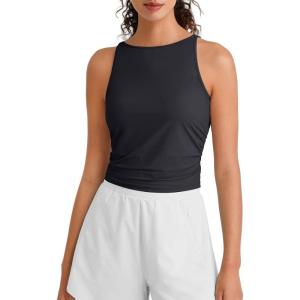 G4Free Skimetic Workout Boat Neck Tank Top Running Athletic Tanks UPF 50+ Ruched Yoga Pilates Tops Slim Fit(Black)