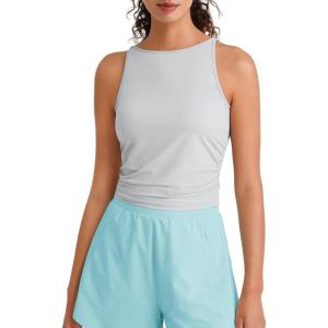 G4Free Skimetic Workout Boat Neck Tank Top Running Athletic Tanks UPF 50+ Ruched Yoga Pilates Tops Slim Fit(Silver Gray)