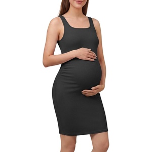 G4Free Ribbed Maternity Dress Side Ruched Midi Length Bodycon Dresses Pregnancy Clothes Casual Summer Daily(Black)