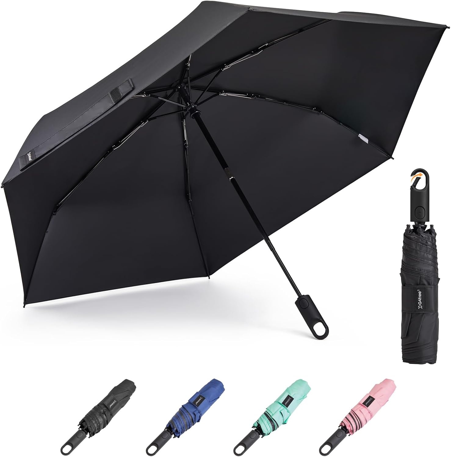 image:imageG4Free Travel Umbrella with Ring Carabiner Handle Automatic Open UV Protection Lightweight Compact Rain amp Sun Umbrella for Backpack Car CommutingBlack