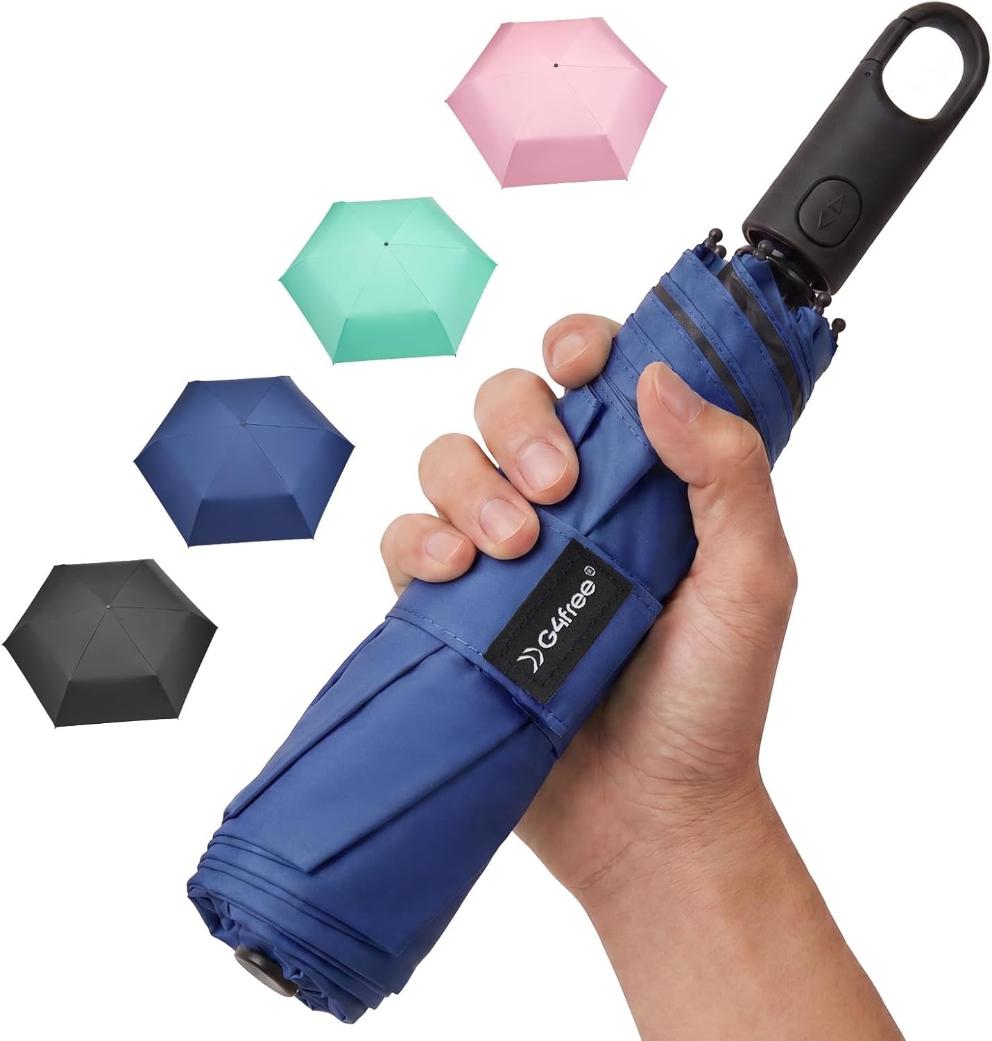 image:imageG4Free Travel Umbrella with Ring Carabiner Handle Automatic Open UV Protection Lightweight Compact Rain amp Sun Umbrella for Backpack Car CommutingNavy Blue