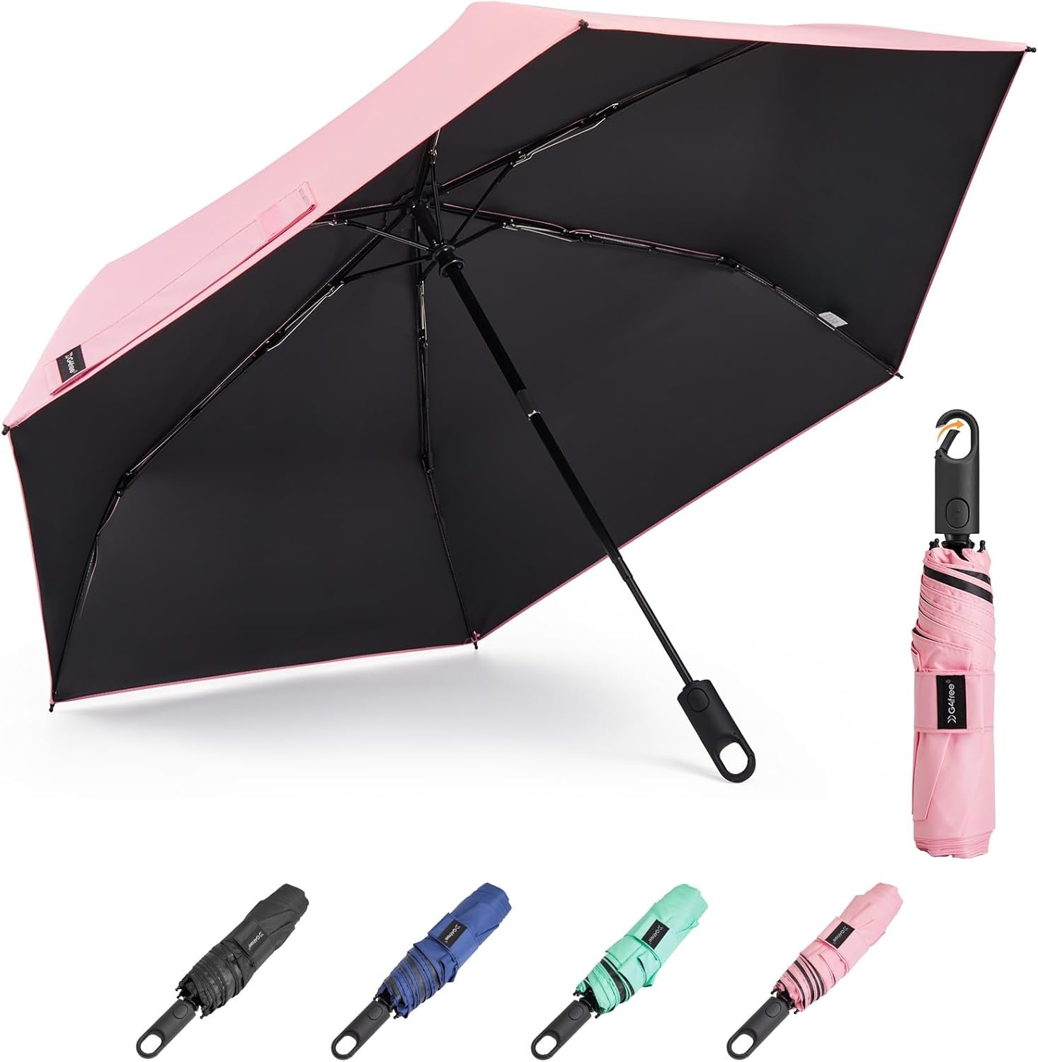 image:imageG4Free Travel Umbrella with Ring Carabiner Handle Automatic Open UV Protection Lightweight Compact Rain amp Sun Umbrella for Backpack Car CommutingPink