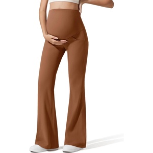 G4Free Ribbed Maternity Flare Yoga Pants with Pockets Over The Belly Pregnancy Bell Bottom Leggings(Burnt Caramel)