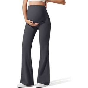 G4Free Ribbed Maternity Flare Yoga Pants with Pockets Over The Belly Pregnancy Bell Bottom Leggings(Dark Gray)