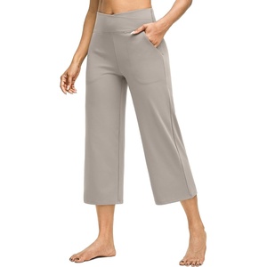G4Free Capri Pants for Women with Pockets Cross Waist Wide Leg Yoga Pants | Sleek Soft, Moisture Wicking, 4-way Stretch, Loose Fitting, Summer Outfits, for Dressy Work Casual(Mocha)