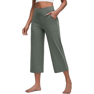 G4Free Capri Pants for Women with Pockets Cross Waist Wide Leg Yoga Pants | Sleek Soft, Moisture Wicking, 4-way Stretch, Loose Fitting, Summer Outfits, for Dressy Work Casual(Grey Sage)