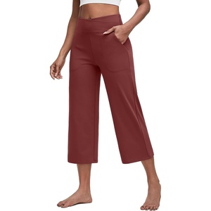 G4Free Capri Pants for Women with Pockets Cross Waist Wide Leg Yoga Pants | Sleek Soft, Moisture Wicking, 4-way Stretch, Loose Fitting, Summer Outfits, for Dressy Work Casual(Dark Burgundy)
