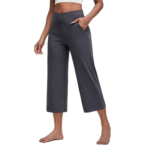 G4Free Capri Pants for Women with Pockets Cross Waist Wide Leg Yoga Pants | Sleek Soft, Moisture Wicking, 4-way Stretch, Loose Fitting, Summer Outfits, for Dressy Work Casual(Deep Grey)