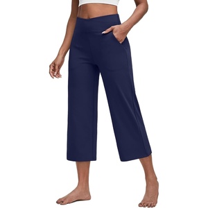 G4Free Capri Pants for Women with Pockets Cross Waist Wide Leg Yoga Pants | Sleek Soft, Moisture Wicking, 4-way Stretch, Loose Fitting, Summer Outfits, for Dressy Work Casual(Royal Blue)