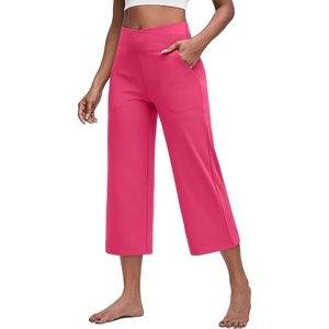 G4Free Capri Pants for Women with Pockets Cross Waist Wide Leg Yoga Pants | Sleek Soft, Moisture Wicking, 4-way Stretch, Loose Fitting, Summer Outfits, for Dressy Work Casual(Hot Pink)