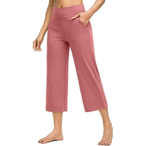 G4Free Capri Pants for Women with Pockets Cross Waist Wide Leg Yoga Pants | Sleek Soft, Moisture Wicking, 4-way Stretch, Loose Fitting, Summer Outfits, for Dressy Work Casual(Cameo)