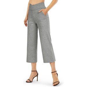 G4Free Capri Pants for Women with Pockets Cross Waist Wide Leg Yoga Pants | Sleek Soft, Moisture Wicking, 4-way Stretch, Loose Fitting, Summer Outfits, for Dressy Work Casual(Grey Heather)