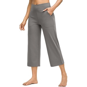 G4Free Capri Pants for Women with Pockets Cross Waist Wide Leg Yoga Pants | Sleek Soft, Moisture Wicking, 4-way Stretch, Loose Fitting, Summer Outfits, for Dressy Work Casual(Mocha Brown)