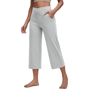 G4Free Capri Pants for Women with Pockets Cross Waist Wide Leg Yoga Pants | Sleek Soft, Moisture Wicking, 4-way Stretch, Loose Fitting, Summer Outfits, for Dressy Work Casual(Light Grey)